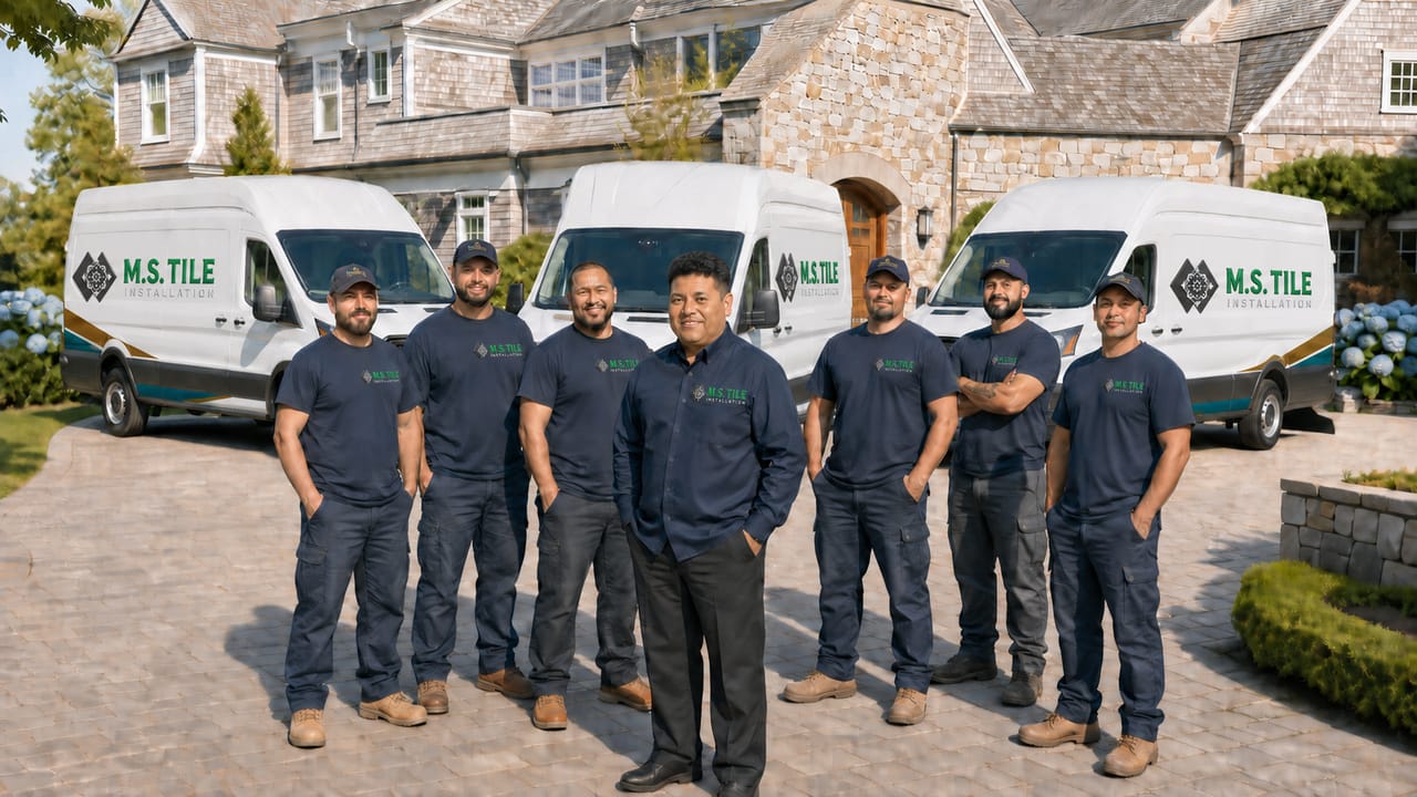 M.S Tile Installation crew standing in front of company vans