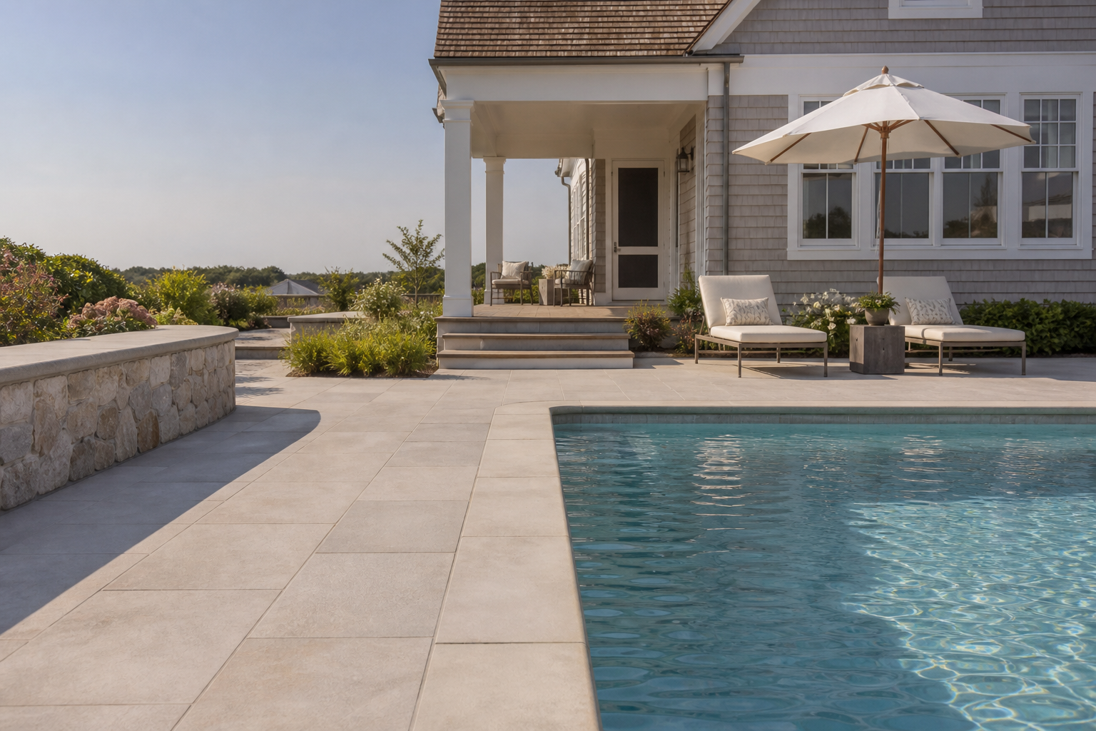 Representative design image of a Cape Cod pool area with exterior porcelain tile